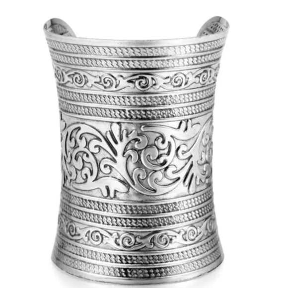 Silver Plated Bangle Wide Open Cuff Bangle Bohemian Carved Totem Bracelet - Picture 3 of 4